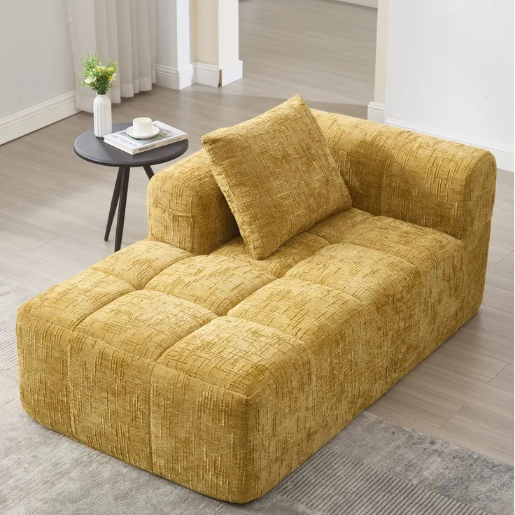 Chaiselongue-Sofa aus Chenille mit Seitentaschen & Kissen, 158x90x60 cm, Gelb