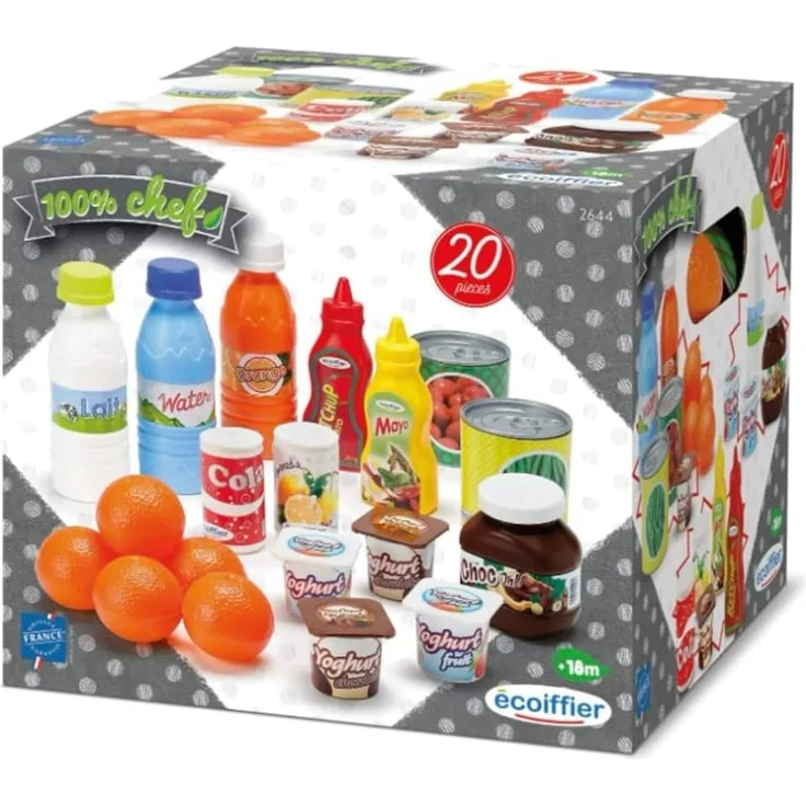 Ecoiffier – Zubehör für Kaufmannsladen – 20-teiliges Set mit Spiellebensmitteln für Kinder ab 18 Monaten, ideal für Kinderküche und Kaufladen