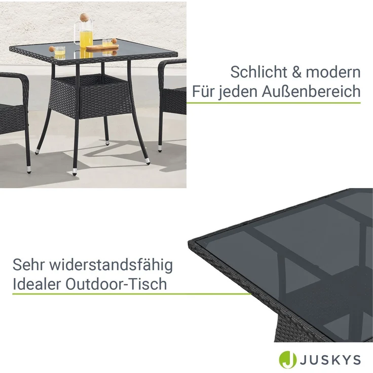 Juskys Polyrattan Gartentisch Yoro wetterfest - Balkontisch 80x80 cm eckig - Rattan Beistelltisch mit Glasplatte - kleiner Tisch für Balkon - Schwarz – Bild 3