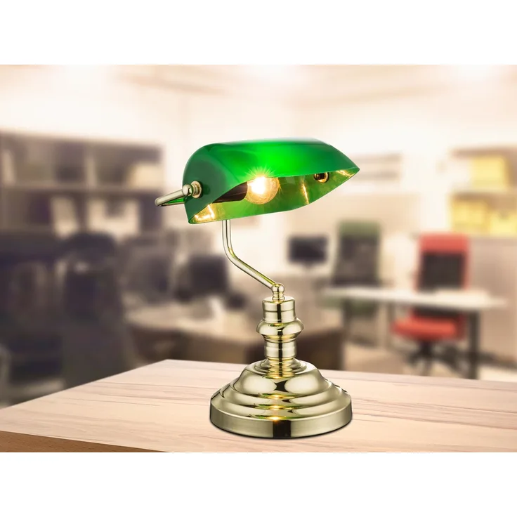 Antike Schreibtischlampe aus Metall Messing mit grünem Glas