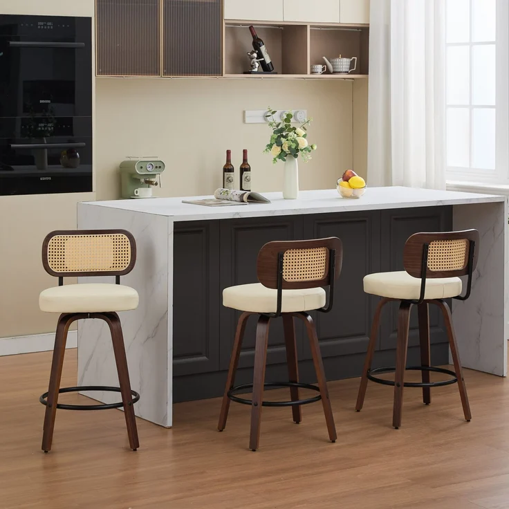 Set of 3 Counter Height Bar Stools - 26 inch Rattan Counter Height Stools with Cane Back, Upholstered Seat, Walnut Craftsmanship, Swivel Counter Stools for Island/Counter(Walnut/Beige) ,DE3866BG--Beige--56x43x90cm--YOUDENOVA – Bild 1