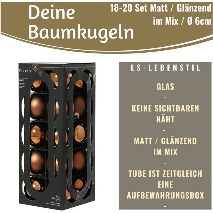 LS-LebenStil Weihnachtsbaumkugel 18-20 Design Glas Weihnachtskugeln 6cm Braun Espresso Christbaum Deko (18 St), Edle Weihnachtsdeko Matt / Glänzend Weihnachtsbaumschmuck Deko Kugeln – Bild 2
