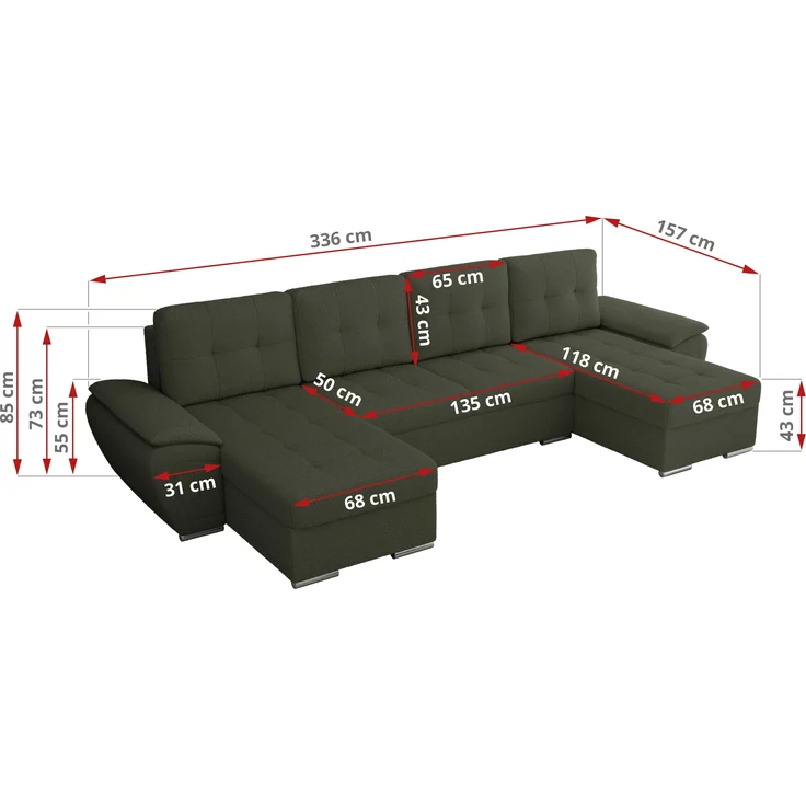 U-förmiges Ecksofa mit Schlaffunktion, genähter Sitz, zwei Armlehnen und losen Kissen - UMBRIA U - Grün Boucle – Bild 7