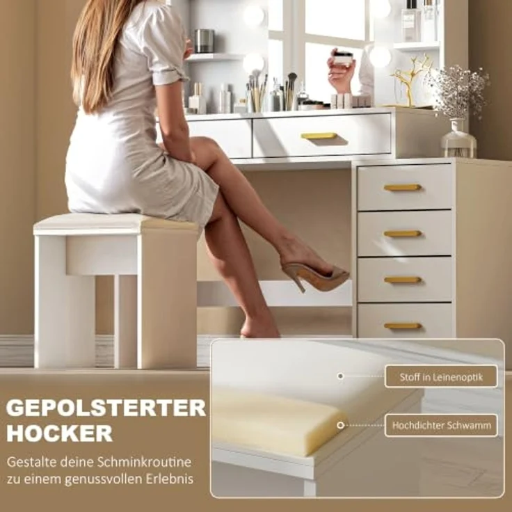 HOMCOM Schminktisch LED-Beleuchtung, 3 einstellbare Lichtfarben, Hocker, Glühbirnen (Frisiertisch, 2-St, Kosmetiktisch), mit Spiegel, 6 Schubladen, 4 offenen Ablagen – Bild 6