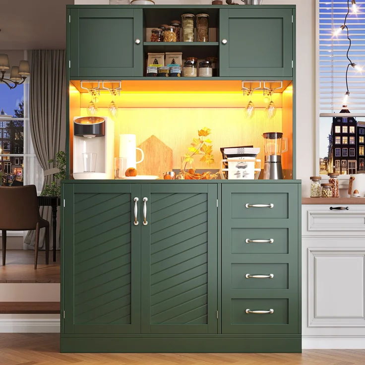 Seitenboard / Aufbewahrungsschrank / Küchenschrank / Buffetschrank, 120x40x188cm, mit LED-Beleuchtung, Snackregal & Getränkehaltern, 4 Türen & 2 große Schubladen, Grün/Schwarz/Weiß--Grün--120x40x188cm--YOUDENOVA – Bild 3