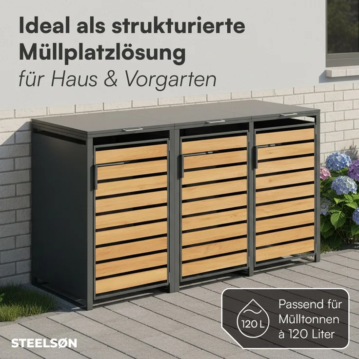 STEELSØN 'Kestra' Mülltonnenbox 3er je 120 Liter, anthrazit mit Holzoptik, Mülltonnenverkleidung aus Stahl, wetterfest, 102x62x177,5 cm, Müllbox für 3 Tonnen – Bild 3
