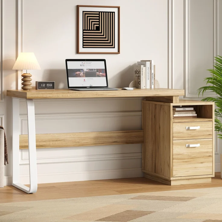 Flieks Schreibtisch 161 x 54 x 76.4 cm mit offenem Ablagefach, geräuscharmer Schublade und Stahlgestell, Naturholzfarben – Bild 3