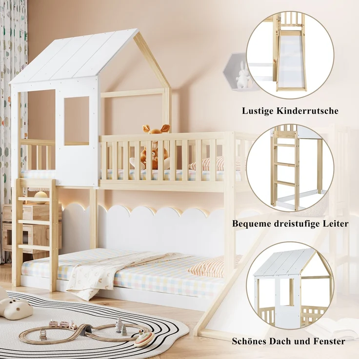 Merax Etagenbett mit rechtwinkliger Leiter und Rutsche, Hausbett mit Dach und Fenster, Kinderbett mit Fallschutz und Gitter, Rahmen aus Kiefer, Natur+Weiß (90x200cm) – Bild 5