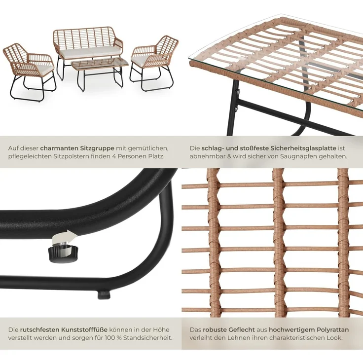 tectake® Outdoor Rattan Sitzgruppe, Möbel, Balkonmöbel, Gartenmöbel Set mit 1x Gartenbank, 2X Stühle + Tisch, Balkonmöbelset für Garten, Terrasse, Balkon - Natur – Bild 5