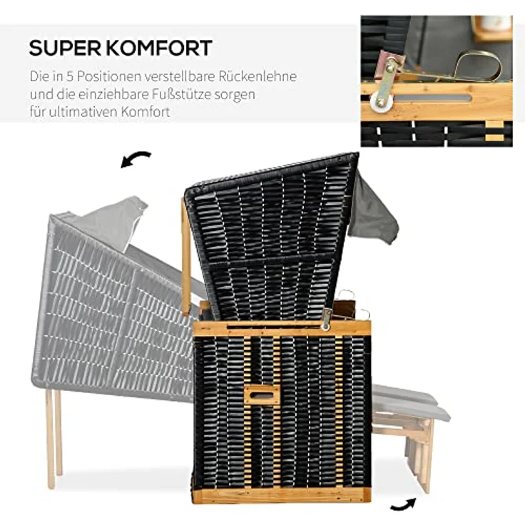 Outsunny Strandkorb mit Klapptisch, Volllieger Gartenliege aus PE Rattan, verstellbare Rückenlehne, hellgrau – Bild 4