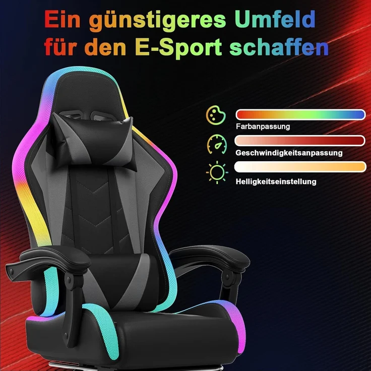 JUMMICO Gaming Stuhl mit led, Cool Racing Gamer Stuhl, Ergonomischer Bürostuhl mit Massagefunktion, Verstellbare Rückenlehne 90-135°, mit Teleskop Fußstütze, Gamingstuhl 150 kg belastbarkeit, Graue – Bild 4