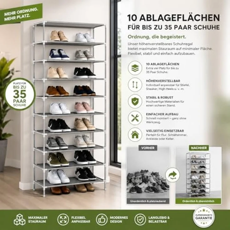 YaLiva_Decor® Schuhregal Höhenverstellbar, Aufbewahrungssystem für bis 35 Paar Schuhe, Metall grau, 55 x 27 x 155 cm – Bild 4
