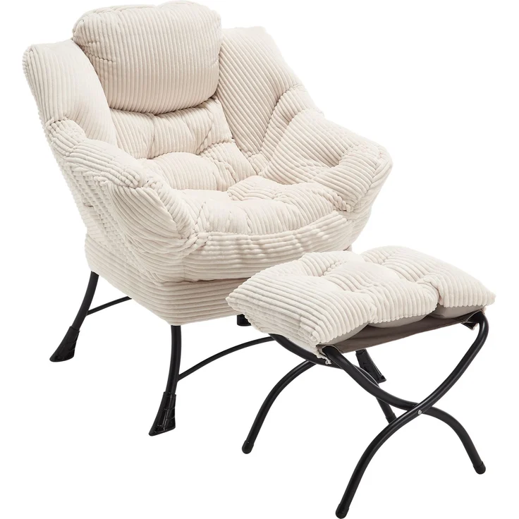LVHOM Relaxsessel mit Hocker, Loungesessel mit Seitentasche, Lesesessel aus Cordstoff, bequem gepolstert, Metallgestell, bis 180kg belastbar, Weiß – Bild 2