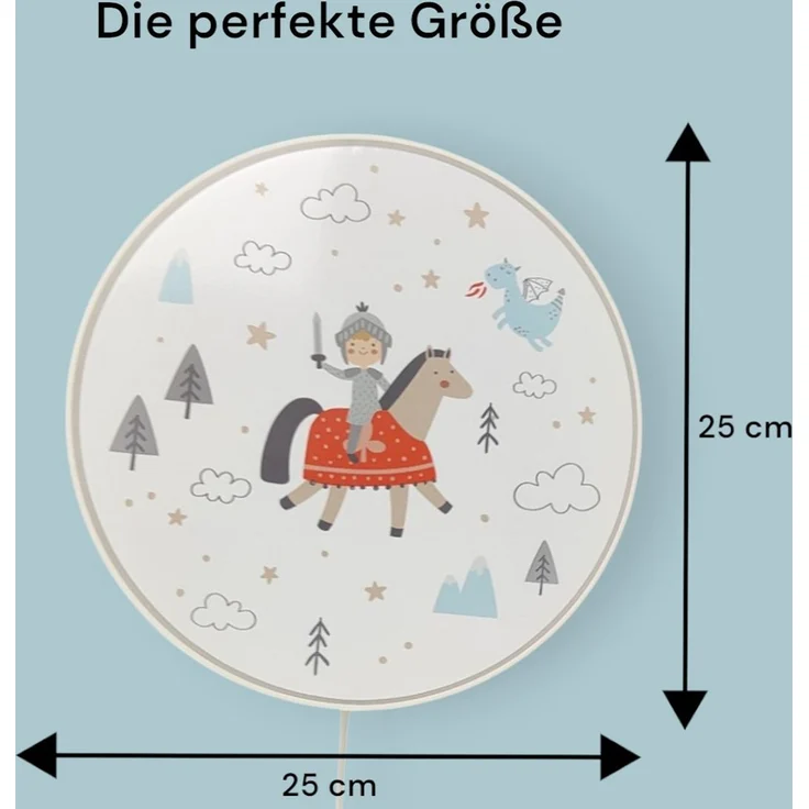 Kinderzimmer Wandlampe Ritter Ø 25cm mit Schalter, Kabel, Stecker & E14 LED – Bild 4