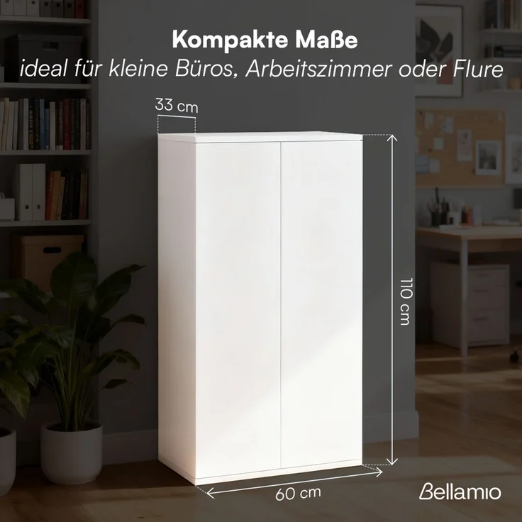 Bellamio 'Ais' Mehrzweckschrank, weiß, 110x33x60 cm, kleiner Aktenschrank mit 3 Fächern, Hängeschrank mit Push-to-open – Bild 6