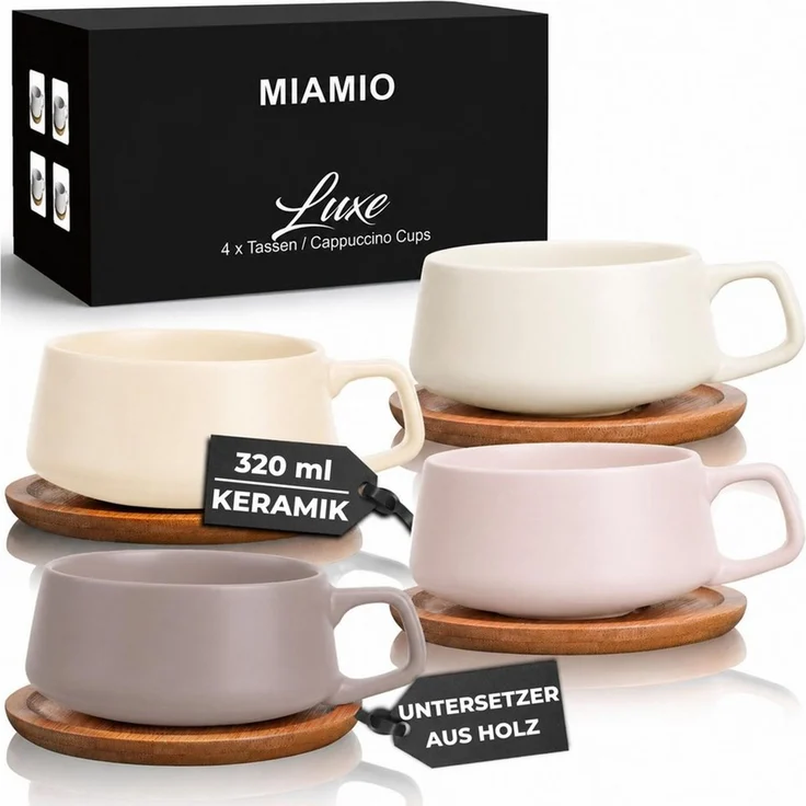 MiaMio Cappuccinotasse Luxe Cream Rose, 8-tlg, Keramik, 320 ml, mit Holzuntersetzern