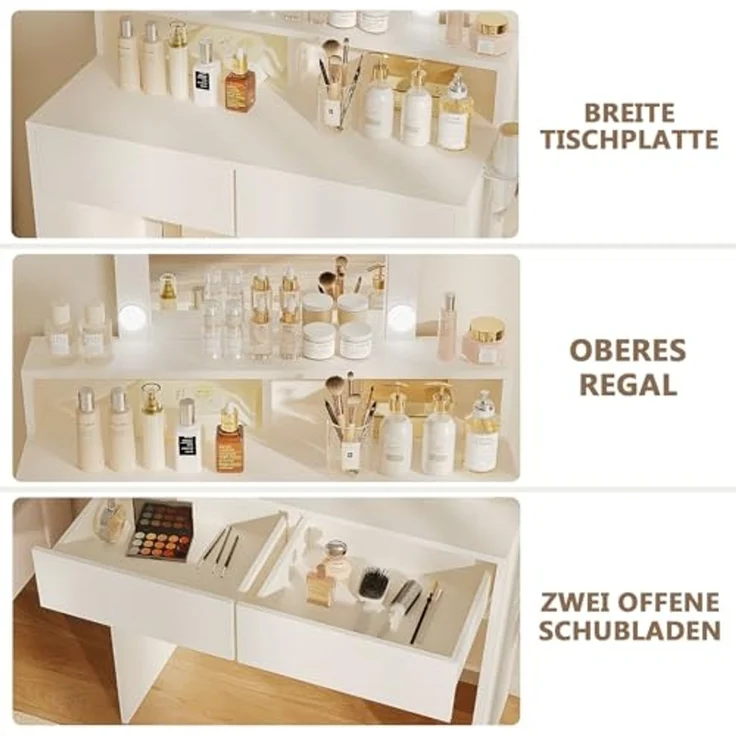 JUMMICO Schminktisch mit LED Beleuchtung und Spiegel, Einstellbare Helligkeit und Farbtemperatur, Kosmetiktisch mit 9 LED Glühbirne, Weiß – Bild 4