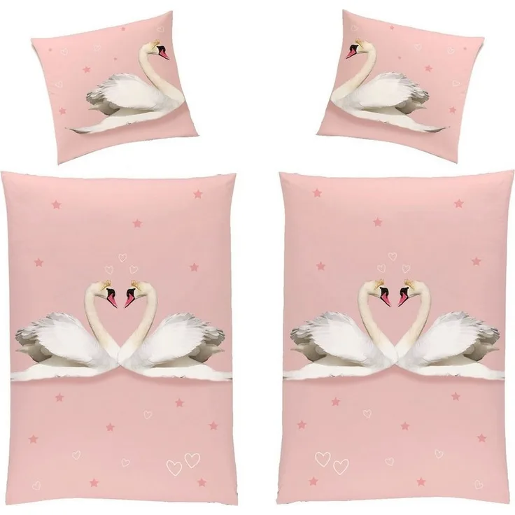 Partner Bettwäsche Set 4tlg. | 135x200 80x80 | Flanell Bettwäsche mit Reißverschluss | Rosa verliebte Schwäne