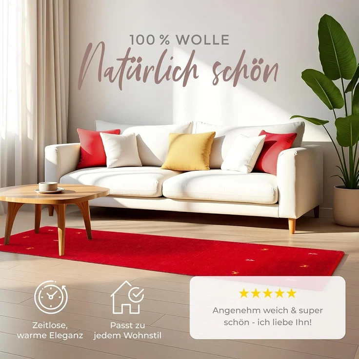 carpetfine 'Gabbeh Uni' Wollteppich, reine Wolle, Rot, 80 x 300 cm – Bild 2