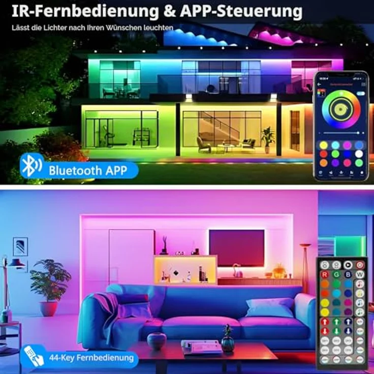 Realky LED-Streifen, 20 m, LED-Lichter, Farbwechsel, Bluetooth-App und Fernbedienung mit 44 Tasten, Synchronisierung von Musik und Timer, Dekoration LED-Streifen für Schlafzimmer, Partys (10 m x 2) – Bild 2