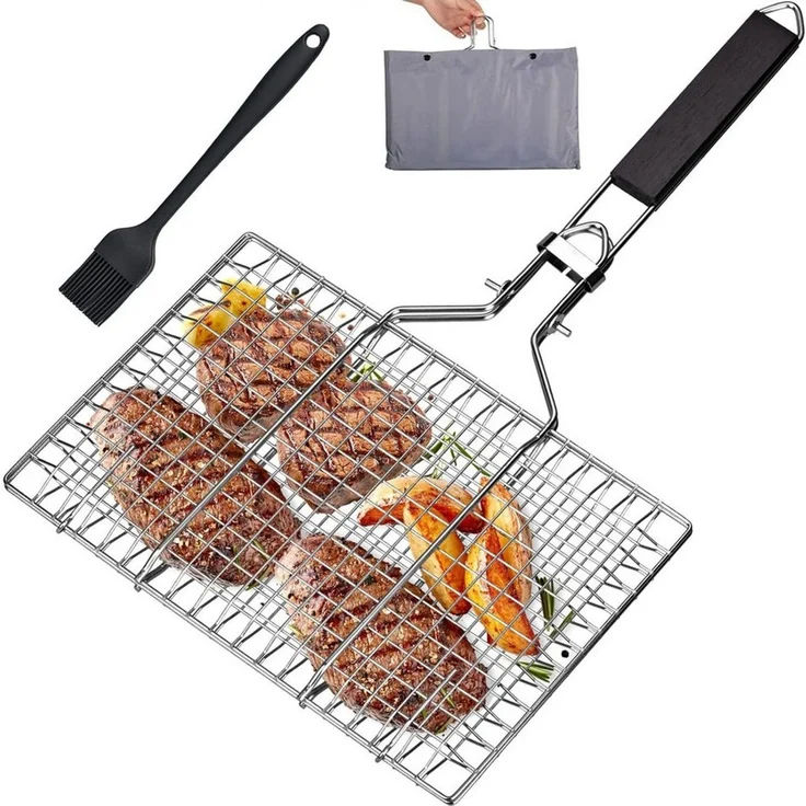 Refined Living Grillguthalter Grillkorb Edelstahl faltbar Fisch Gemüse Grillgitter mit Tasche,Bürste, Edelstahl, Antihaft-Beschichtung, (Fischgrillkorb, BBQ Grillkorb faltbar, Grillkorb mit Holzgriff, Grillzubehör Fisch Gemüse, Edelstahl Grillgitter, G... – Bild 2