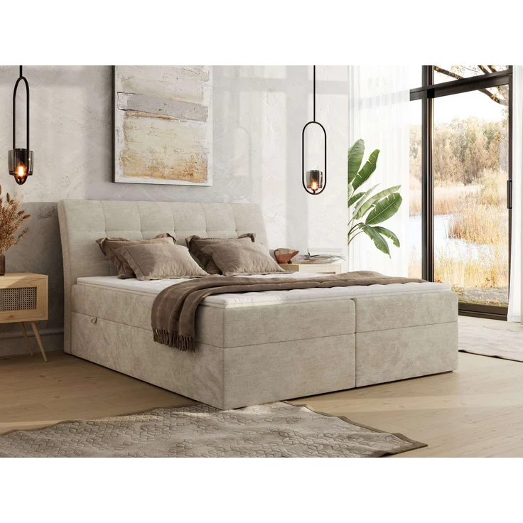 Boxspringbett DAGOS 120x200 cm mit Kopfteil, Lattenrost und Stauraum – Doppelbett mit Matratze & Topper Visco , stabile Konstruktion, Bettkasten, modernes Design - Beige Schenille glatt - H3 – Bild 1