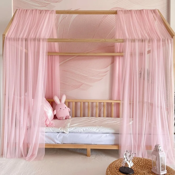 Baby Fancyroom Betthimmel Betthimmel Tüll Hausbett Kinderbett 2 Stück 340cm 380cm Montessori (3-tlg. Set mit 2x Betthimmel und einer 20er Pomponkette, Baldachin, Kinder Betthimmel Baldachin Himmel Deko Set), Betthimmel für Hausbett Montessori – Bild 2