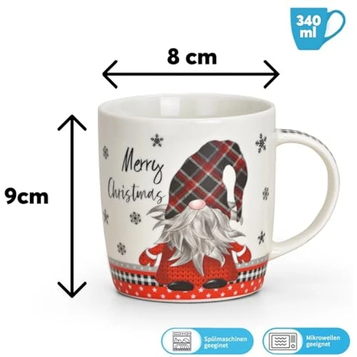 matches21 HOME & HOBBY Tasse Weihnachtstassen 2er Set mit Spruch Merry Christmas Wichtel, 2-tlg, Porzellan, Tee Kaffee-Becher, Weihnachten, modern, grau weiss rot, 340 ml – Bild 2