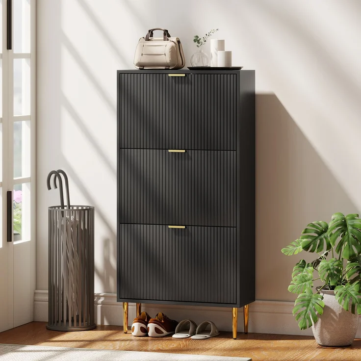 Schuhschrank für 18 Paar Schuhe mit 3 Klappschubladen, geriffelten Türen und verstellbaren Einlegeböden, 60 x 24 x 122,5 cm, schwarz – Bild 10