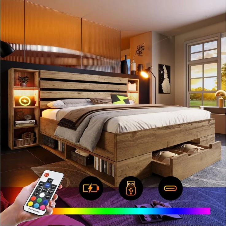 Flieks Holzbett, LED Doppelbett 180×200cm mit Aufladen, Stauraumfächer und Schubladen – Bild 3