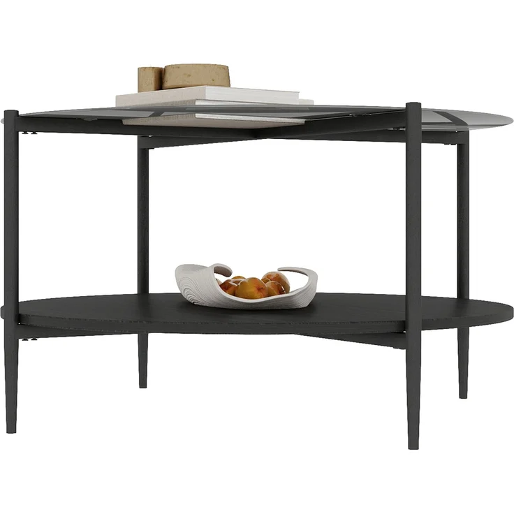 Couchtisch 82 x 82 x 45 cm, mit runder Tischplatte, mit Glastischplatte, aus Glas und Eisen und Holz, Schwarz – Bild 10