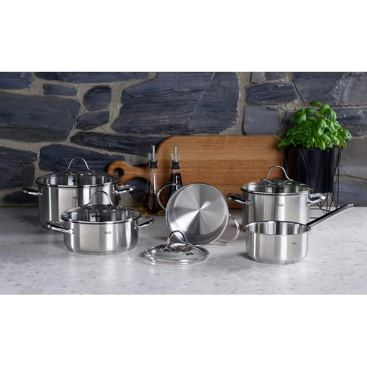 Fissler Topf-Set Palermo, Edelstahl 18/10 (Set, 9-tlg, Kochtopf 16/20/24cm, Bratentopf 20cm,Stielkasserolle ohne Deckel), geeignet für Induktion, breiter Schüttrand – Bild 3