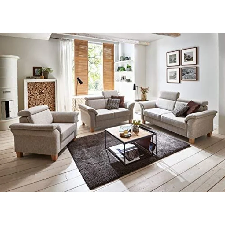 Cavadore Sessel Ammerland inkl. Federkern und Kopfteilverstellung / Großer Polstersessel im Landhausstil / Passend zur Sofagarnitur Ammerland / 101 x 84 x 93 / Strukturstoff natur – Bild 2