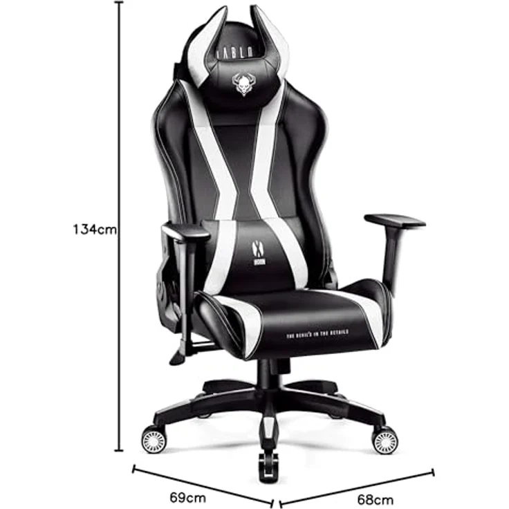 Diablo Anpassbarer Gaming Stuhl Ergonomisch X-Horn 2.0 | Verstellbare Rücken-, Sitz- und Armlehnen | Nacken-/Lendenkissen, Eco Lederpolsterung | Ergonomischer Gamer Stuhl | Normal (L) | Schwarz-Weiß – Bild 2