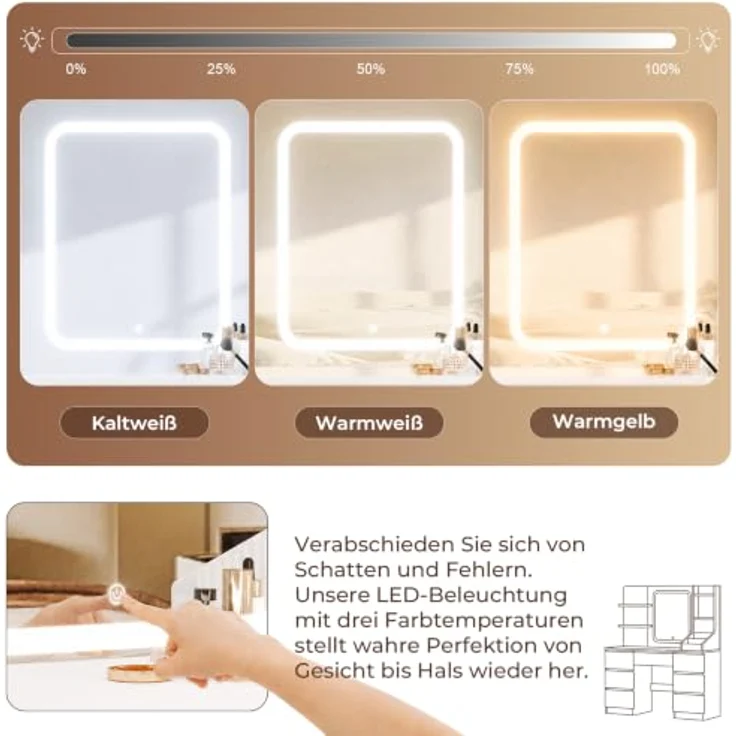 JUMMICO Schminktisch mit LED-Spiegel, 110 cm Frisiertisch mit 7 extra hohen Schubladen, 4 offenen Fächern, dimmbarer Beleuchtung, moderner Kosmetiktisch für Schlafzimmer – Bild 4
