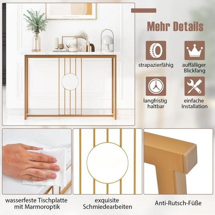 COSTWAY Konsolentisch, Mamor, schmal, Metallgestell, gold, 120x30x80,5cm – Bild 3