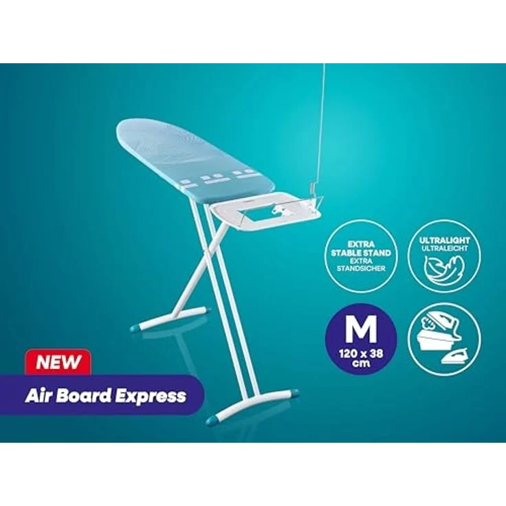 Leifheit Bügelbrett Bügeltisch AirBoard Express M Solid, Bügelfläche 38.0x120.0 cm, Höhenverstellbar, Bügelfläche 120x38 cm, auch für Dampfstationen – Bild 2