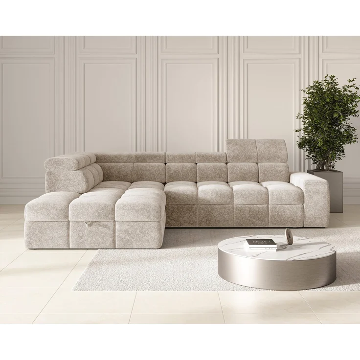 ROYAL24_MARKT Ecksofa Bianco – Schlafsofa mit Bettkasten, 6-fach verstellbaren Kopfstützen, Schlaffunktion, hellbeige