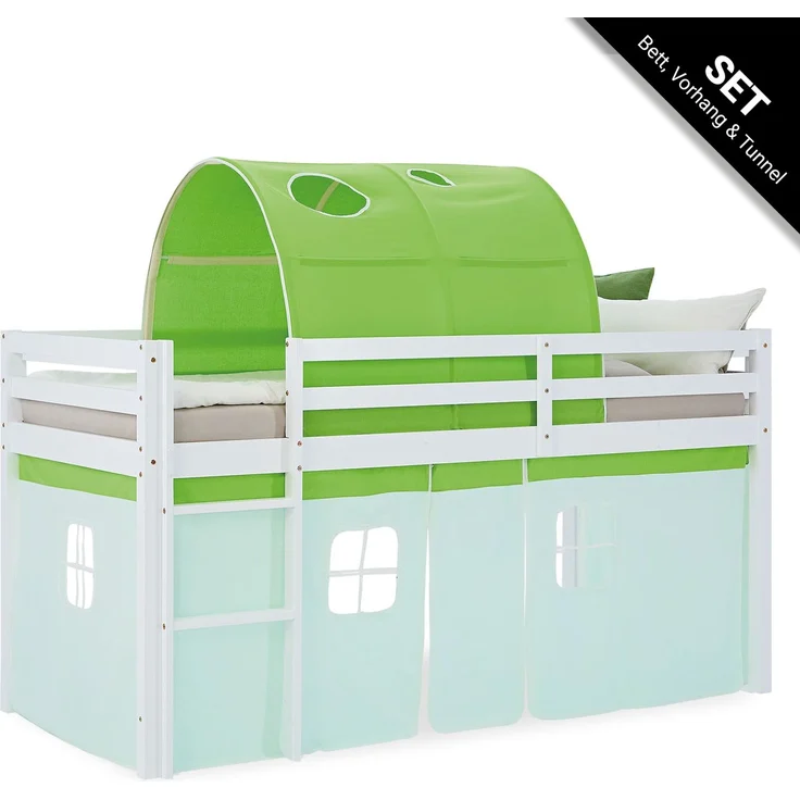 Hochbett Kinder 90x200 cm Kinderbett Kinderhochbett Stockbett Tunnel Vorhang Grün Holz Massiv – Bild 1