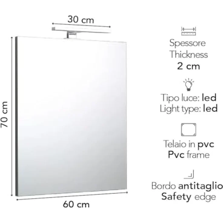 KIAMAMI VALENTINA Badezimmerspiegel 60x70 cm umkehrbar mit verchromter LED-Lampe und grauem ABS-Rahmen – Bild 2