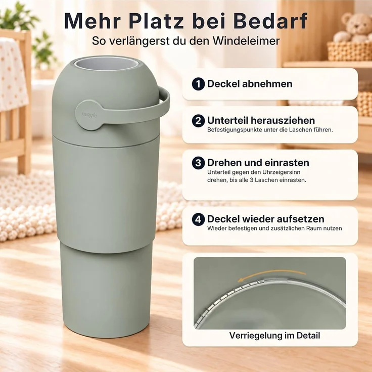 Set Magic Windeleimer, Abfalleimer mit Geruchsstopp, ohne Kassette + Windel | Hygienischer Mülleimer Geruchsdicht für Windeln ohne Kassette, Hygieneeimer für Windelentsorgung, Bad, Kinderzimmer, Küche – Bild 8