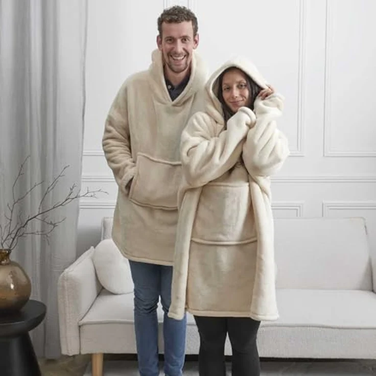 HOME DECO FACTORY, TX91671, Sherpa Linen Interior Hoodie, Soft and Fluffy Comfort, Ideal for Cocooning Evenings, Versatile as a Plaid or Bed Throw, Size M, Beige – Bild 3