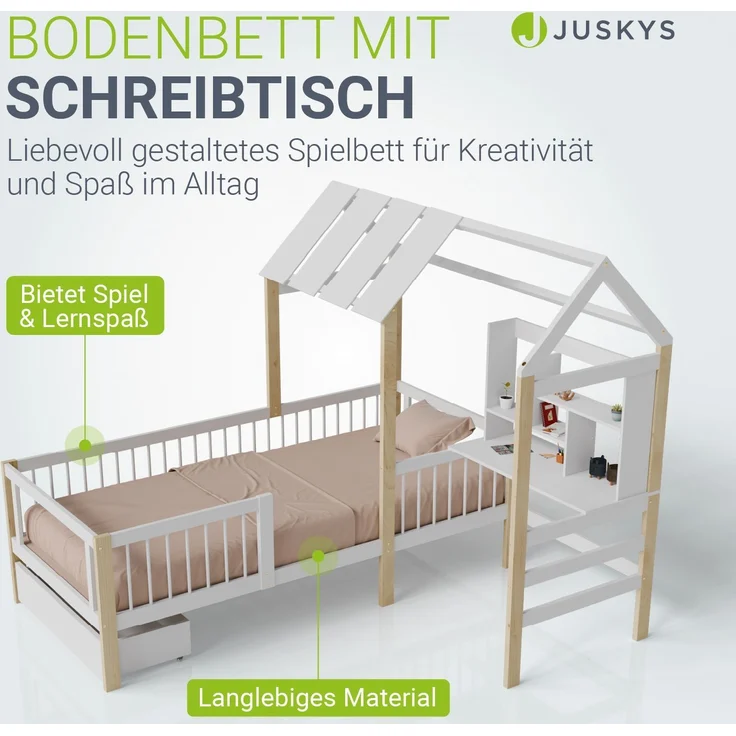 Juskys Kinderbett Yari 90x200 cm - Integrierter Schreibtisch, Praktische Schublade, Massiver Kieferrahmen, Pflegeleicht, 150 kg belastbar - weiß/natur – Bild 4