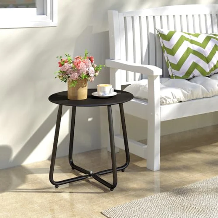 HollyHOME Beistelltisch Outdoor Balkontisch Klein Gartentisch Rund Beistelltisch Metall Wetterfest Loungetisch Outdoor Couchtisch für Patio Terrasse Wohnzimmer, Schwarz – Bild 3