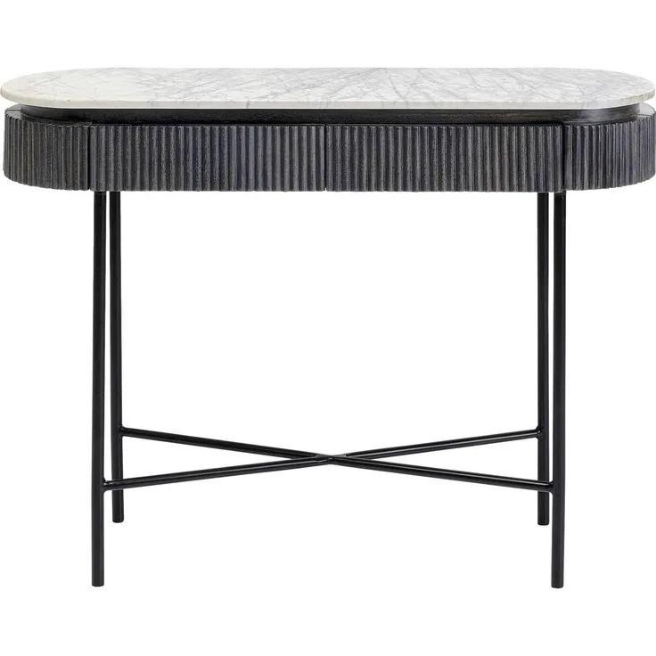 Kare Konsole Glenn, schwarz/grau/weiß, Flurkonsole, 2 Schubläden, Mango Massivholz, heller Marmorplatte, Naturstein, verdeckte Griffmulden, Riffeloptik, 80 x 100 x 32 cm (H/B/T)