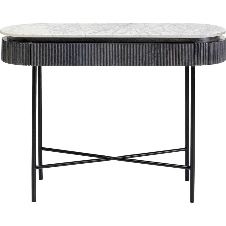 Kare Konsole Glenn, schwarz/grau/weiß, Flurkonsole, 2 Schubläden, Mango Massivholz, heller Marmorplatte, Naturstein, verdeckte Griffmulden, Riffeloptik, 80 x 100 x 32 cm (H/B/T)