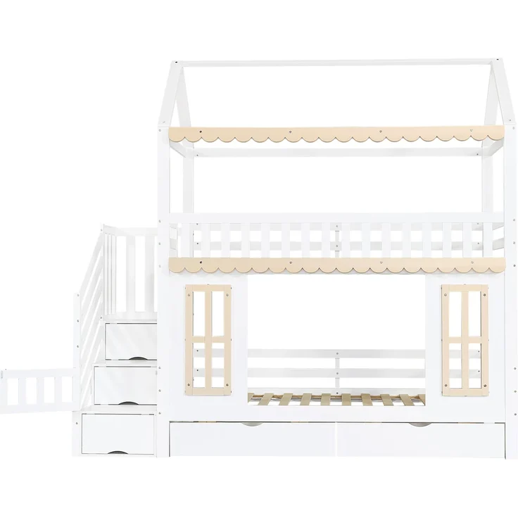 ZUBALIYA Etagenbett, Kinderbett, Hausform, Seitlicher Stauraumschrank mit Leiter, 2 Schubladen, Dekorative Holzfenster und Zierleisten, Kiefer+MDF, Weiß+Natur, 90x200 cm, Natur / Weiß – Bild 17