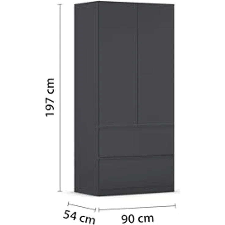 Rauch Möbel Costa, Kleiderschrank für Schlafzimmer, Kinderzimmer, Babyzimmer, Garderobe, Flur, 2-türig, 2 Schubladen, Push-to-Open, mit Zubehör Premium, Farbe Grau metallic, Schwarz, Breite 91 cm – Bild 4