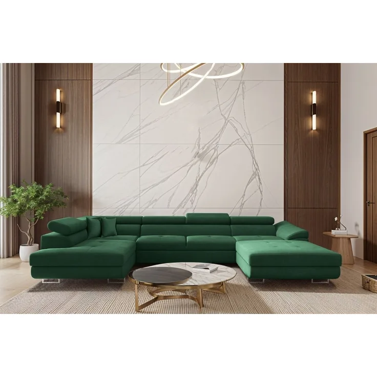 Wohnlandschaft Schlafsofa Sofa CARMELO in Stoff Nova Grün Ottomane Rechts