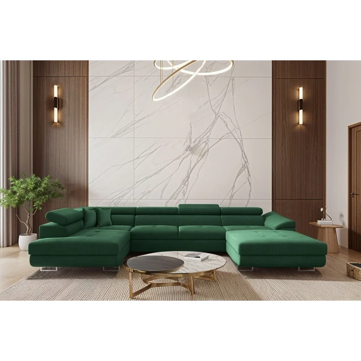 Wohnlandschaft Schlafsofa Sofa CARMELO in Stoff Nova Grün Ottomane Rechts – Bild 1
